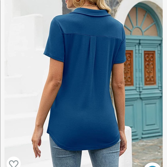 AKEWEI V-Neck Polo Shirt Short Sleeve Collared Tops Casual Tunic Blouse Medium - Picture 3 of 16